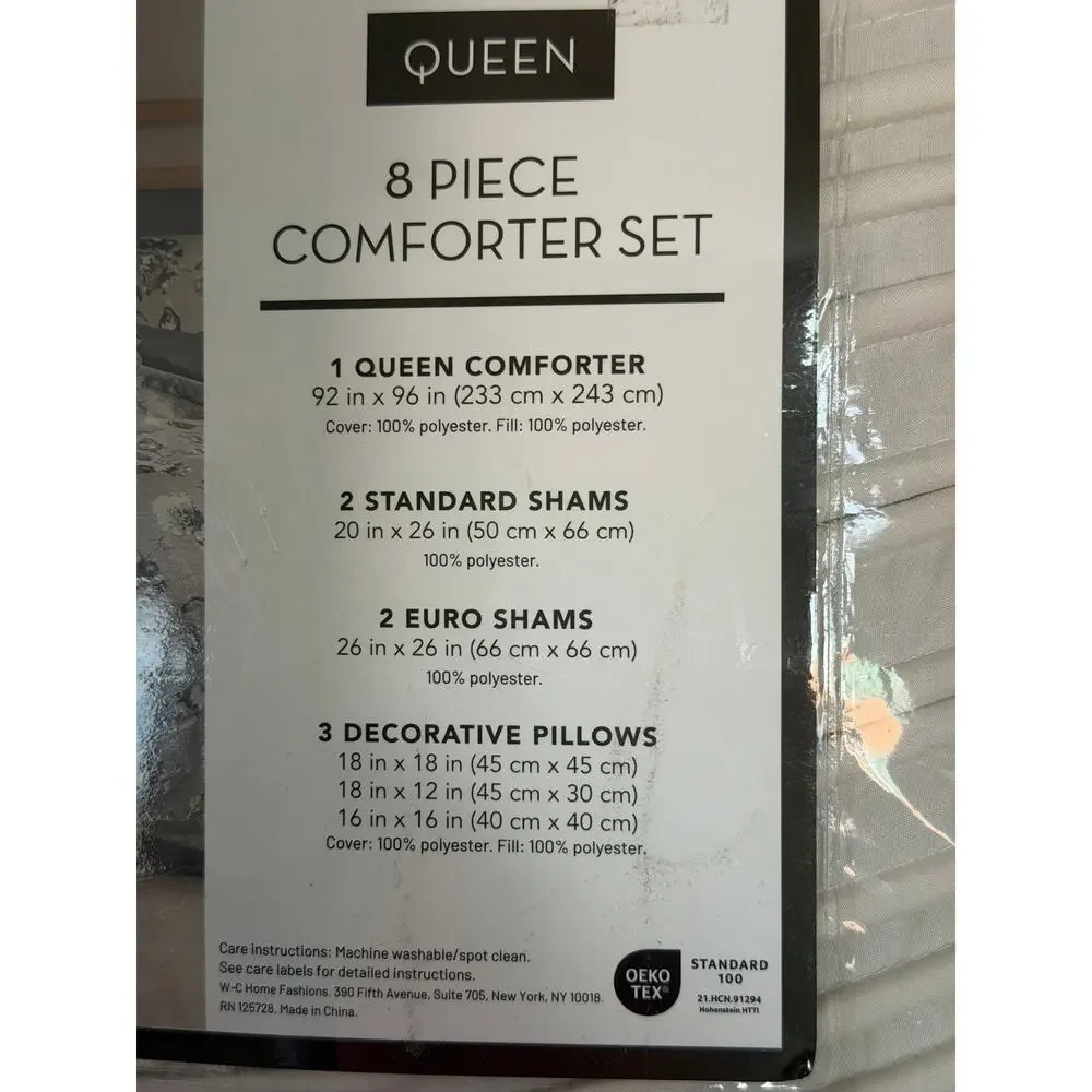 West Park Queen 8 Piece Comforter Set Floral Gray Blue White 100% Polyester